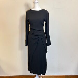 Massimo Dutti Black Twist Front Draped Midi Dress Size S Long Sleeve